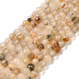 Natural Rutilated Quartz Beads Strands, Faceted, Round