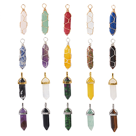 20шт. 20 стиль натуральные смешанные драгоценные камни двойные заостренные подвески, с подвеской из случайного сплава с шестигранной головкой, пуля, платина