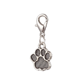 Bear Paw Print Alloy Pendant Decorations, Zinc Alloy Lobster Clasps Charm, Clip-on Charms, for Keychain, Purse, Backpack
