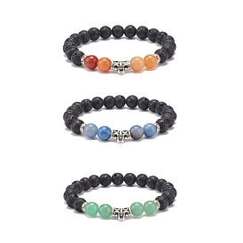 3Pcs 3 Style Natural Mixed Gemstone Round Beaded Stretch Bracelets Set with Alloy Tube for Women