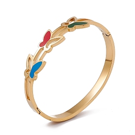 Colorful Enamel Butterfly Hinged Bangle, Ion Plating(IP) 304 Stainless Steel Jewelry for Women