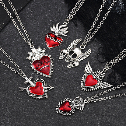 Ожерелья с подвеской в виде сердца и черепа из темно-красного эмалевого сплава для мужчин, женщин и детей на Хэллоуин, античное серебро