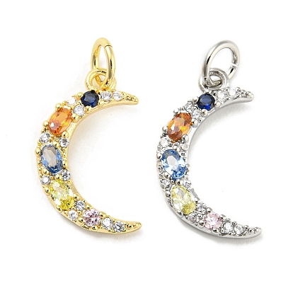 Brass Micro Pave Cubic Zirconia Pendants, with Glass and Jump Ring, Moon Charms