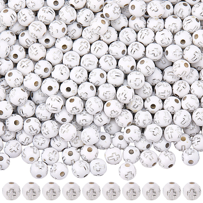 500 акриловые бусины с покрытием, серебристого металла, обвитыми, круглые с крестом