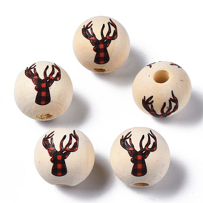 Unfinished Natural Wood European Beads, Large Hole Beads, Printed, Round with Reindeer