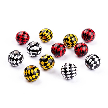Spray Painted Natural Wood Beads, Round with Rhombus Pettern