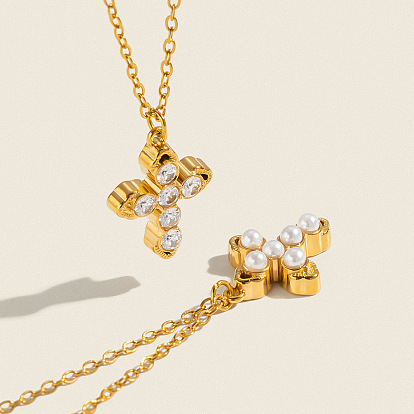 304 Stainless Steel Pave Cubic Zirconia Faux Pearl Religion Cross Pendant Necklaces for Women, Real 18K Gold Plated
