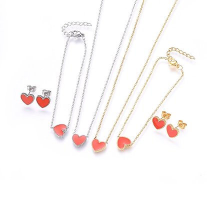 304 Stainless Steel Jewelry Sets, Pendant Necklaces & Stud Earrings & Bracelets, with Enamel, Heart