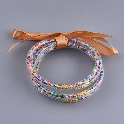 PVC Plastic Buddhist Bangle Sets, Jelly Bangles, with Glass Seed Beads and Polyester Ribbon