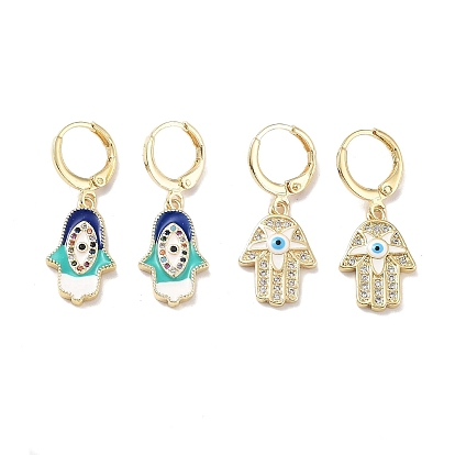 Boucles d'oreilles dormeuses en laiton plaqué or véritable K, avec de l'émail et de la zircone cubique, Hamsa main avec le mauvais œil