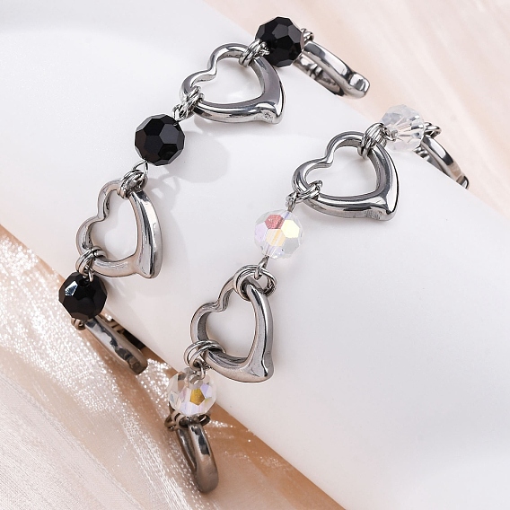 201 нержавеющая сталь сердца ссылку цепи браслеты, Браслеты из стеклянных бусин с 304 застежками из нержавеющей стали