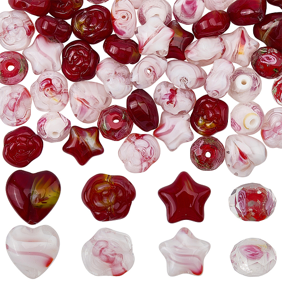 80 piezas 8 estilos cuentas de murano hechas a mano, corazón, estrella, rondel y rosa