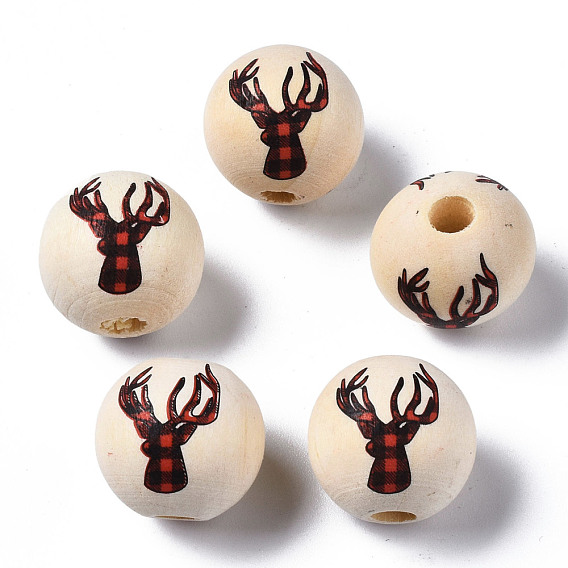 Unfinished Natural Wood European Beads, Large Hole Beads, Printed, Round with Reindeer