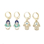 Golden Brass Dangle Leverback Earrings, with Enamel and Cubic Zirconia, Hamsa Hand with Evil Eye