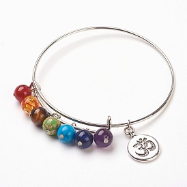Chakra Jewelry, Adjustable Iron Bangles, with Natural/Synthetic Gemstone Bead and Brass Findings, Flat Round with Ohm