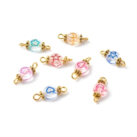 Acrylic Links, with Golden Alloy & Iron Findings, Acrylic Enamel Beads, Flat Round with Mix Pattern