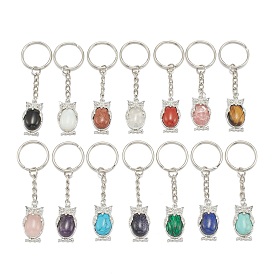 Gemstone Keychain, with Brass Findings and Alloy Split Key Rings, Owl, Platinum