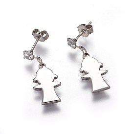 304 Stainless Steel Dangle Stud Earrings, with Ear Nuts and Cubic Zirconia, Girl