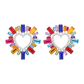 Colorful Heart-shaped Rhinestone Vintage Hollow Earrings with Sunflower Design