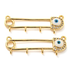 Rack Plating Brass Micro Pave Cubic Zirconia Brooch Finding, Real 18K Gold Plated Kilt Pins with Enamel Evil Eye & 4 Loops
