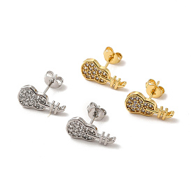 Rack Plating Brass Micro Pave Clear Cubic Zirconia Guitar Stud Earrings, Long-Lasting Plated, Lead Free & Cadmium Free