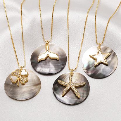 Summer Beach Brass & Natural Paua Shell Flat Round Pendant Necklaces for Women, Golden