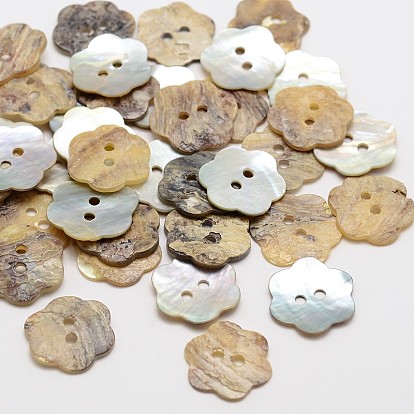 Flower Mother of Pearl Buttons, Akoya Shell Button, 2-Hole, 14x1mm, Hole: 1mm, about 720pcs/bag