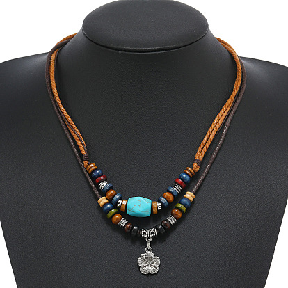Bohemian Style Synthetic  Turquoise & Wood Bead Necklaces, Vintage Alloy Flower Pendant Necklace, Adjustable 2-layered Jewelry for Women