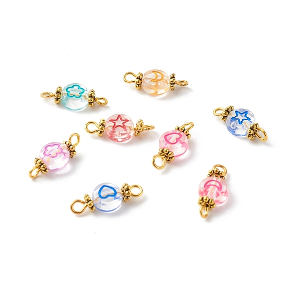 Acrylic Links, with Golden Alloy & Iron Findings, Acrylic Enamel Beads, Flat Round with Mix Pattern