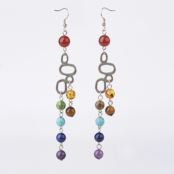 Natural & Synthetic Mixed Stone Dangle Earrings, Chakras Style, with Brass Finding