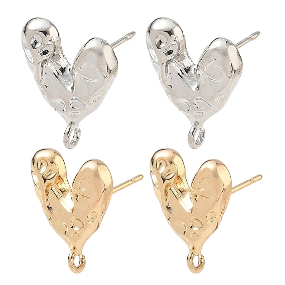Brass Stud Earring Findings, Heart, with Loop, Long-Lasting Plated, Rack Plating