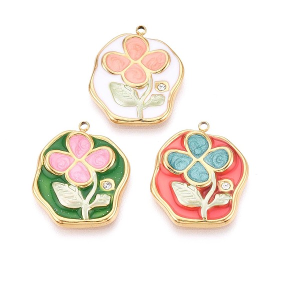 304 из нержавеющей стали горный хрусталь подвески, с эмалью, цветок, реальный 18 k позолоченный