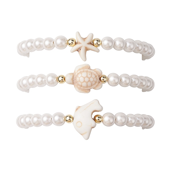 3Pcs 3 Styles Summer Shell Pearl Braided Bead Bracelets, Beach Starfish & Turtle & Dolphin Synthetic Turquoise Stackable Adjustable Bracelets for Women Men