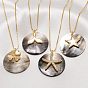 Summer Beach Brass & Natural Paua Shell Flat Round Pendant Necklaces for Women, Golden