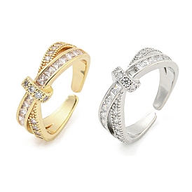 Brass Micro Pave Cubic Zirconia Cuff Open Rings, Criss Cross Rings for Women, Long-Lasting Plated