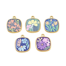 Печатные 304 подвески из нержавеющей стали, квадратные с цветком, вакуумное покрытие pvd, реальный 18 k позолоченный