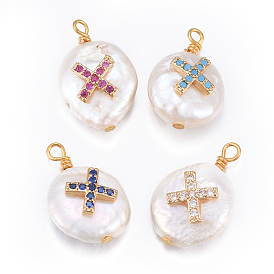 Natural Cultured Freshwater Pearl Pendants, with Brass Cubic Zirconia Findings, Nuggets with Cross, Golden