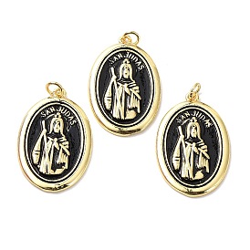 Brass Pendants, with Enamel and Jump Ring, Lead Free & Cadmium Free, Real 18K Gold Plated, Oval with St Jude Charm