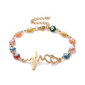 Vacuum Plating 304 Stainless Steel Heart Beat Link Bracelet with Colorful Enamel Evil Eye Chains for Women