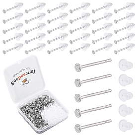 600Pcs 304 Stainless Steel Flat Round Blank Peg Stud Earring Settings, with 600Pcs Ear Nut