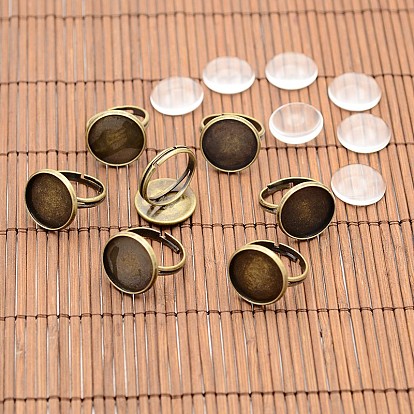 Vintage Brass Ring Components and Clear Glass Cabochons, Nickel Free, Tray: 16mm, 17mm, Glass Cabochons: 15.73~16.13mm