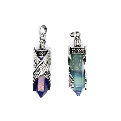 Gemstone Pointed Pendants, Faceted Bullet Charms with Antique Silver Plated Brass Wings