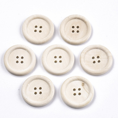 Natural Wood Buttons, 4-Hole, Rim Button, Unfinished Wooden Button, Flat Round