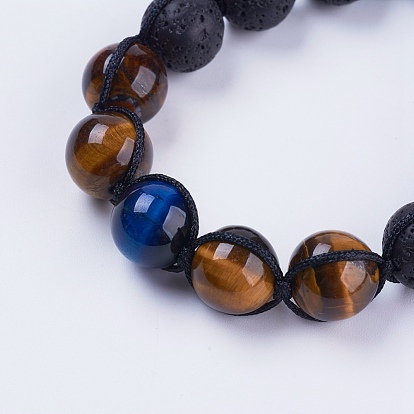Adjustable Nylon Cord Braided Bead Bracelets, with Lava Rock & Tiger Eye Beads