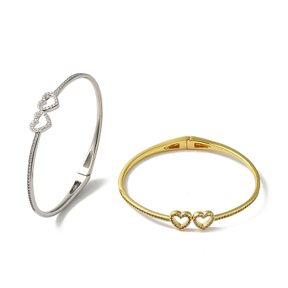 Полые двойные браслеты с сердечками из полой латуни с микропаве из прозрачного кубического циркония, без свинца и без кадмия, долговечный
