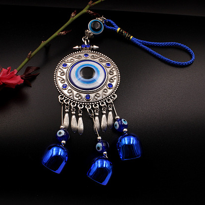 Flat Round with Evil Eye Alloy Pendant Decorations, Bell Charm Car Bag Hanging Decoration