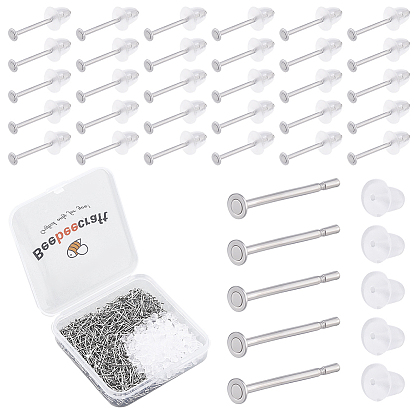 600Pcs 304 Stainless Steel Flat Round Blank Peg Stud Earring Settings, with 600Pcs Ear Nut