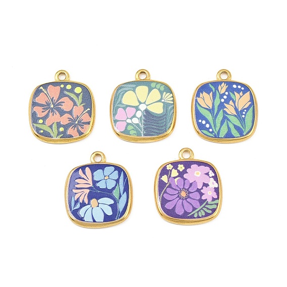 Печатные 304 подвески из нержавеющей стали, квадратные с цветком, вакуумное покрытие pvd, реальный 18 k позолоченный