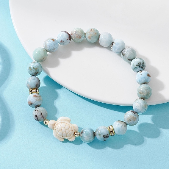 Браслеты из натуральных круглых бусин ларимара и синтетических бирюзовых бусин черепахового цвета, эластичные, для женщин и мужчин.