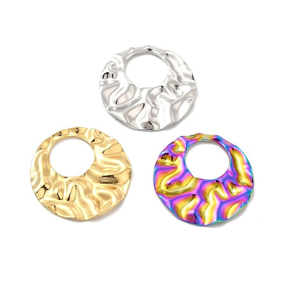 Ion Plating(IP) 304 Stainless Steel Pendants, Textured, Round Ring Charm